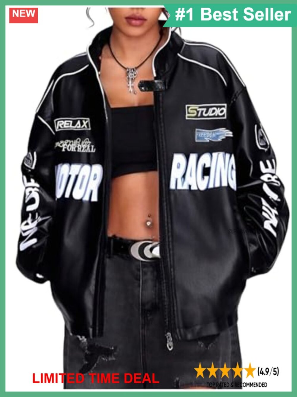 Faux Leather Graphic Print Racer Jacket Oversized Streetwear Coat